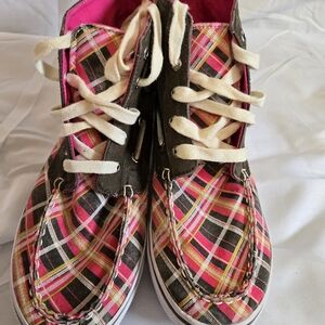Sperry Pink and Black Plaid High Top Retro Sneakers Size 5 M